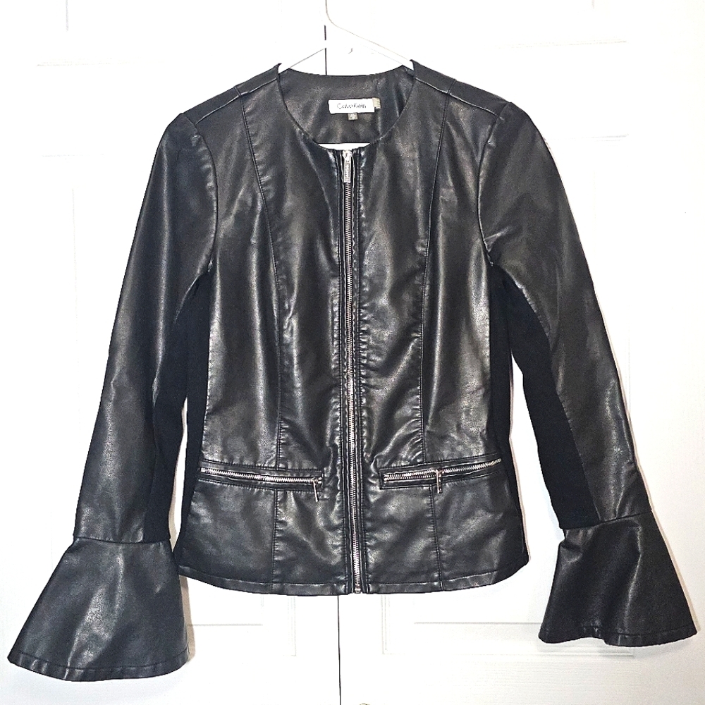 Calvin Klein Faux Leather Jacket Womens XS Bell Sleeve‎ Zipper Motorcycle Black